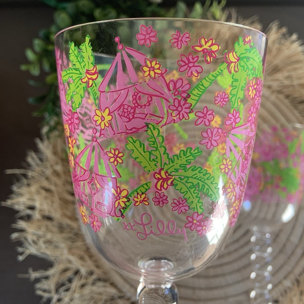 LILLY PULITZER Cabanarama Acrylic Bubble Stem Wine Glasses Set Of 2 Pink Green - Picture 2 of 10
